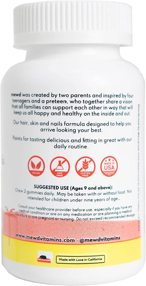 Gummies D3, B1, B2, B6 B12 60 Count MEWD Teen and Kids Hair, Skin & Nails Support Multivitamin - Biotin Strength