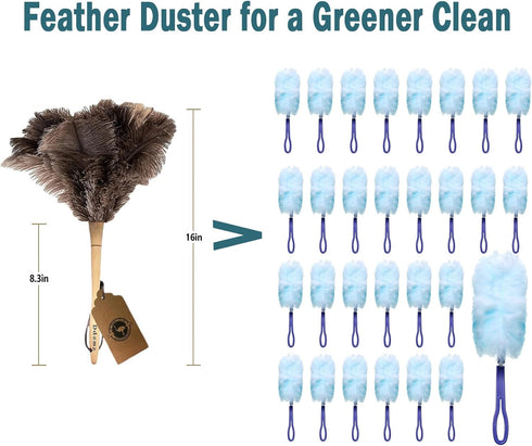 Feather Duster - Genuine Ostrich Feathers with Wooden Handle, Reusable Handheld Cleaning Supplies, Gray and Brown