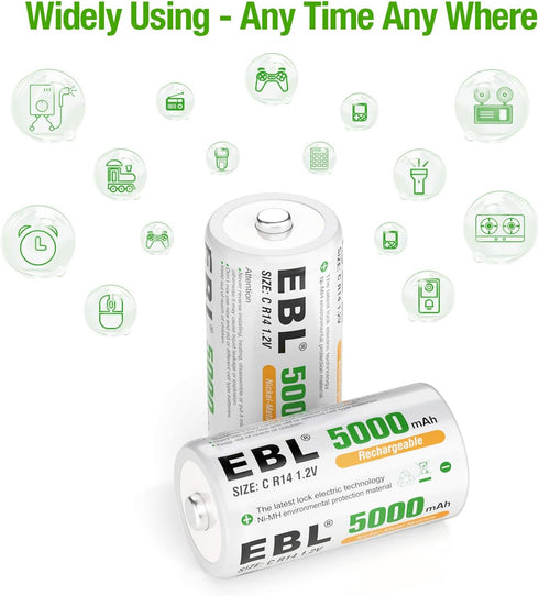 EBL C Size C Cell 5000mAh Ni-MH Rechargeable Batteries, 2 Pack