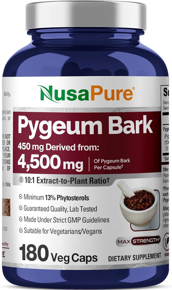 NusaPure Pygeum Bark 10:1 Extract | 450 mg Equivalent to 4,500mg, 180 Veggie Caps (Non-GMO, Vegan)