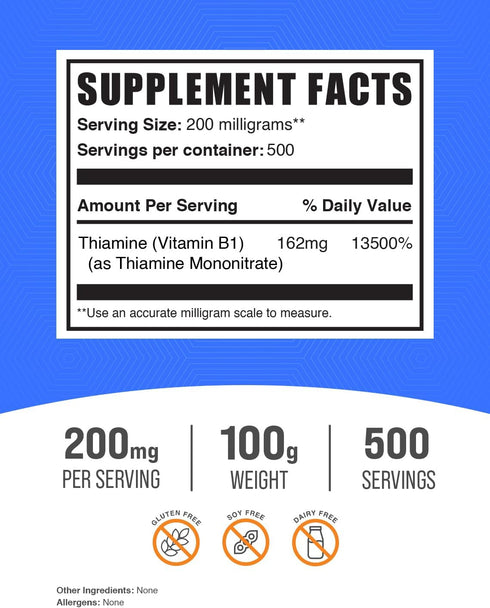 BulkSupplements.com Thiamine Mononitrate Powder - Vitamin B1 Powder, Thiamine B1 Supplement - B1 Vitamins, Gluten Free, 200mg per Serving, 100g (3.5 oz) (Pack of 1)