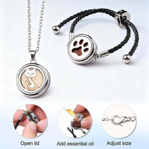 Set 2pcs, 20 Essential Oil Diffuser Necklace & Bracelet for Women Gift Cat Aroma Locket Necklace + Pawprint Diffuser
