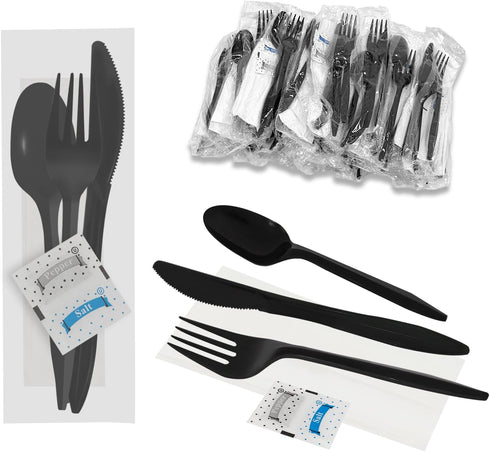 50Pack Plastic Cutlery Packets, Knife Fork Spoon Napkin Sets, Individually Wrapped Black Plastic Cutlery for Delivery