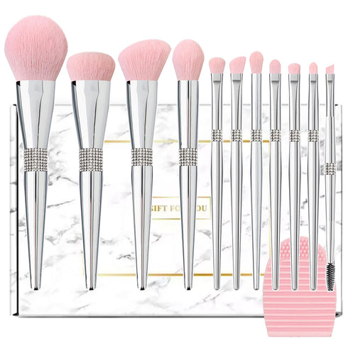 Professional Makeup Brush Set - Luxury 11pcs Silver Glitter Crystal Kit with Vegan Soft Synthetic Hair