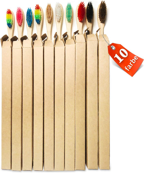 10 Color Soft Bristles Natural Bamboo Toothbrushes Set - Premium BPA Free, Eco-Friendly, Vegan, Biodegradable