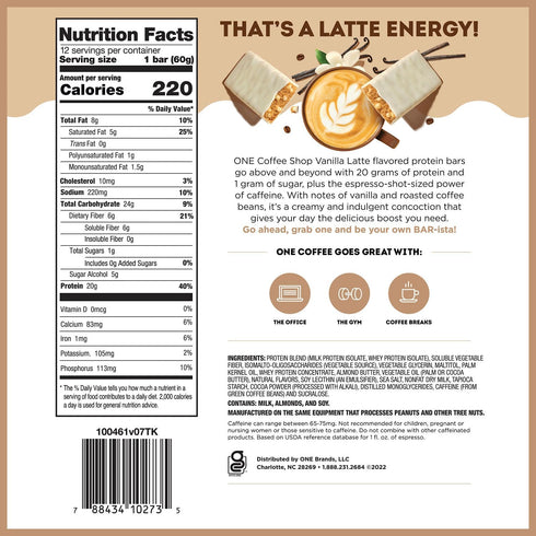 ONE Caffeinated Protein Bars, Vanilla Latte, Gluten Free, 20g Protein, 65mg Caffeine Energy, 2.12 oz (12 Count)