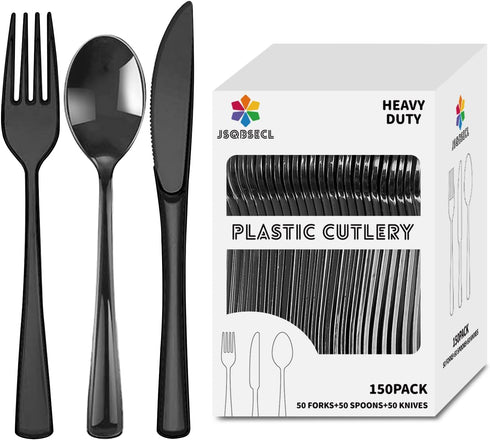 150 Pack Heavy Duty Plastic Silverware, Disposable Cutlery Set with 50 Forks, Knives, Spoons for Parties, Events
