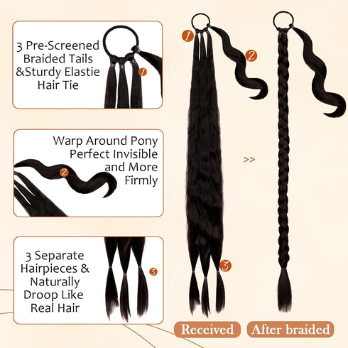 Long Braided Ponytail Extension with Hair Tie Dark Brown Straight Wrap Around Braid Ponytail Hair Extensions Natural Soft Synthetic Hair Piece for Women Daily Wear(30 inch)