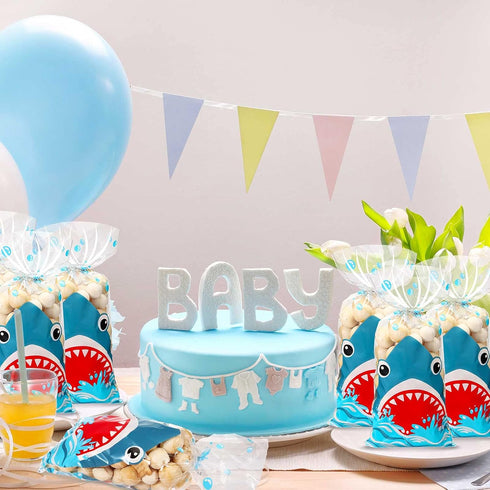 100 Pieces Shark Party Bags - 12.5 x 27.5 cm Plastic Candy Bags with 100 Silver Twist Ties for Summer Ocean Party