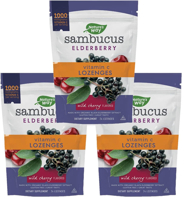 Nature’s Way Sambucus Elderberry Lozenges, 1000 mg Vitamin C, Wild Cherry, 24 Count