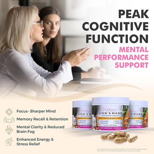 Immune (120 Women's PureBalance Lion's Mane Mushroom Supplement Capsules with Reishi, Cordyceps, Turkey Tail Brain