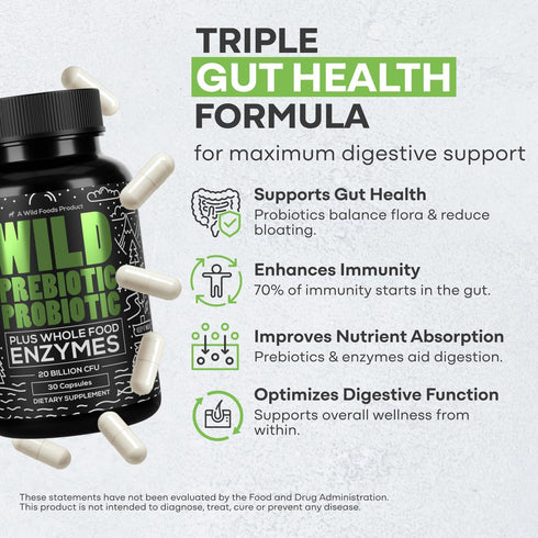 Wild Prebiotics and Probiotics with Digestive Enzymes, 20 Billion CFU, 10 Strains for Women & Men, Gut Health &