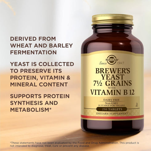 Solgar Brewer's Yeast 7 ½ Grains with Vitamin B12 - 250 Tablets, Pack of 2 - Non-GMO
