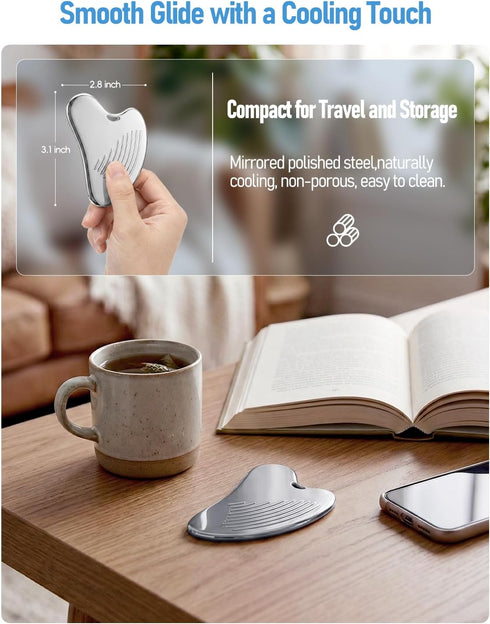 Non-Slip Grip Stainless Steel Gua Sha Tool for Face, Ribbed Facial Guasha Massage Tool, Cooling Metal Face Massager