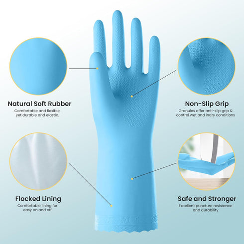 Rubber Kitchen Dishwashing Gloves, 4 Pairs Reusable Household Cleaning Gloves with Cotton Liner
