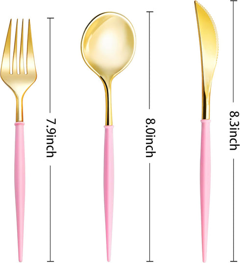 90pcs Gold Plastic Silverware, Gold Disposable Cutlery with Pink Handle Include 30 Forks, 30 Spoons, 30 Knives, Elegant Disposable Silverware for Wedding, Party, Gathering, Daily Use by Lullaby