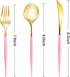 90pcs Gold Plastic Silverware, Gold Disposable Cutlery with Pink Handle Include 30 Forks, 30 Spoons, 30 Knives, Elegant Disposable Silverware for Wedding, Party, Gathering, Daily Use by Lullaby