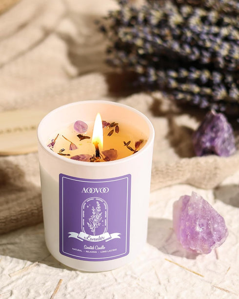 Set 4 Pack 28 oz 200 AOOVOO Lavender Candles for Women - Candles for Home Scented, Aromatherapy Candle with Crystals