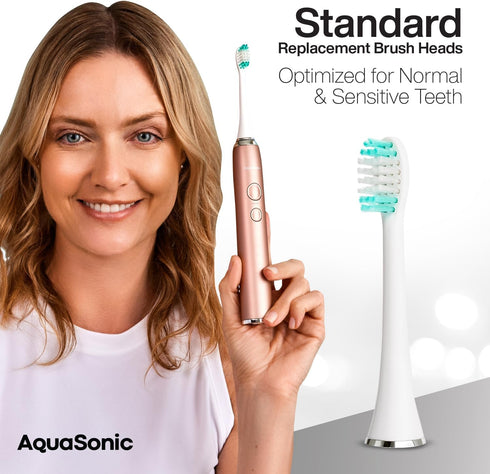 AquaSonic Standard Replacement Brush Heads | for Normal & Sensitive Teeth | Compatible with Many AquaSonic Toothbrush Handles (8 Pack White)