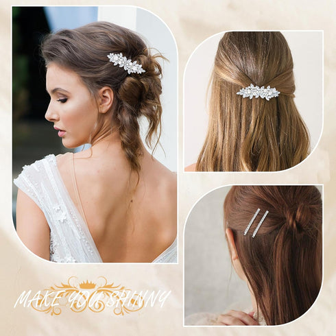 WHAVEL 4PCS Rhinestone Hair Barrettes for Women, Silver Sparkly Hair Clips, Fancy Formal Hair Accessories for Weddings