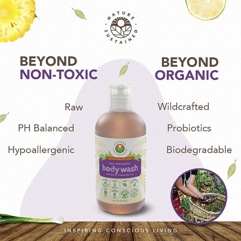 Lemongrass Organic Body Wash - All Natural Probiotic Soothing Skin Care Body Soap & Face Wash, 9 Oz