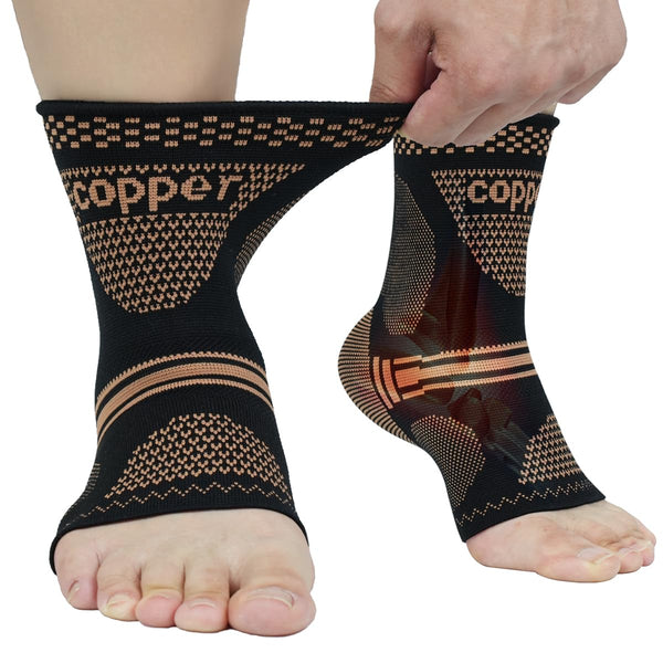 Copper Ankle Brace for Men & Women - (1 Pair) Compression Sleeve for Plantar Fasciitis, Ankle Pain, Swelling
