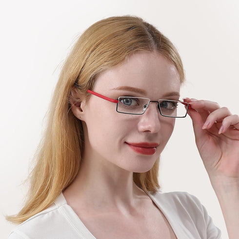 REAVEE Stylish Half Frame Reading Glasses for Women, Lightweight Rectangle Metal Portable Readers with Cases, Red +1.0