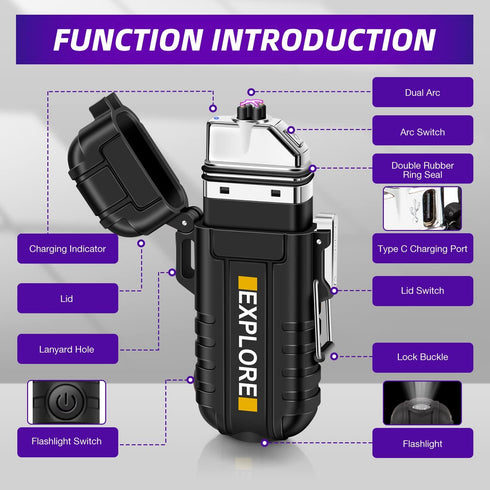 LcFun Arc Lighter, Waterproof Electric USB Type C Rechargeable, Dual Arc Plasma Flameless Lighter