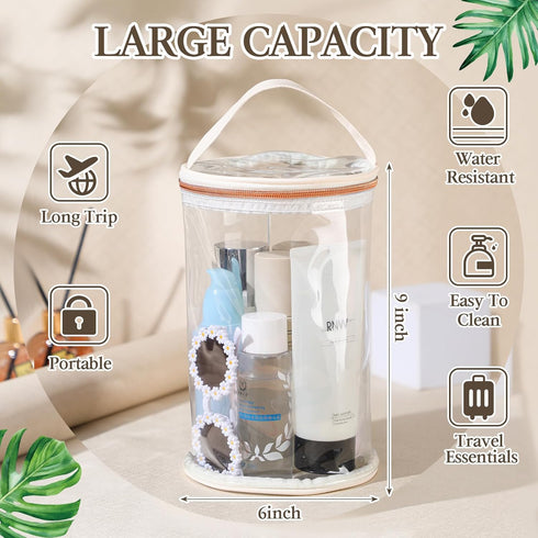 Sanwuta Beige Clear Toiletry Bag - Waterproof PVC Makeup Case with Handle, Zipper Portable Organizer for Women