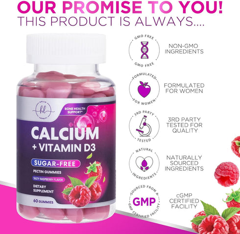 Calcium Supplement + Vitamin D3, Sugar Free Calcium Gummies for Bone & Teeth Support, 60 Gummies