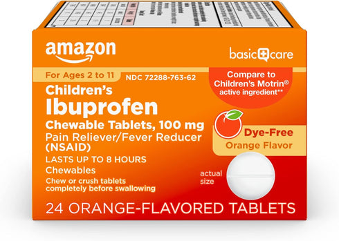 Amazon Basic Care Children’s Ibuprofen Chewable Tablets, 100 mg, Orange Flavor, Pain Reliever, 24 Count