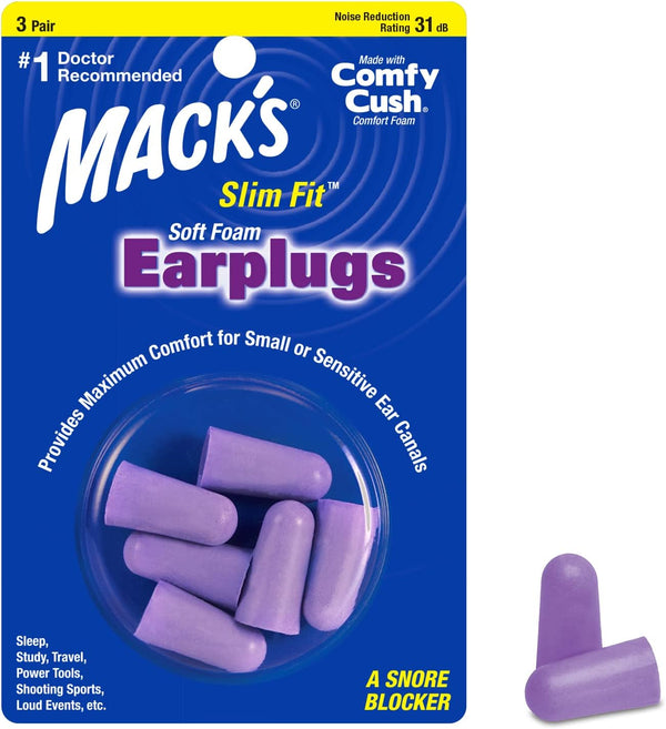Mack's Slim Fit Soft Foam Earplugs, 3 Pair - Small Ear Plugs for Sleeping, Snoring, Traveling, Concerts, Shooting