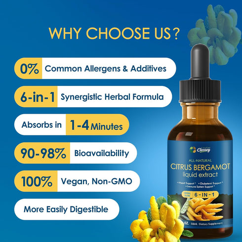 LeaforClensey CoQ10 Immune 100% 2 oz Citrus Bergamot Liquid Drops for High Cholesterol, Bergamot Extract Blend