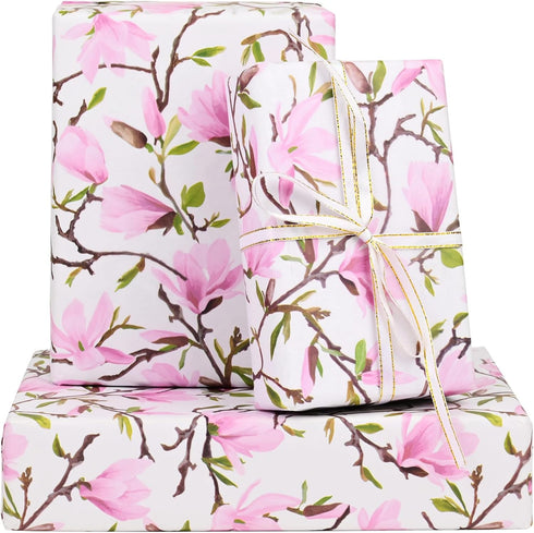 100 Sheets Pink Magnolia Flowers Printed Tissue Paper, Floral Pattern and Leaves Art Decorative Tissue for Gift Wrapping