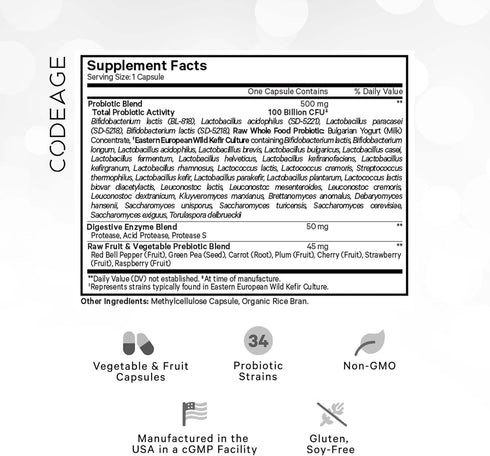 Codeage Raw Probiotic+ Supplement - 100 Billion CFU - 30 Capsules - 34 Strains with Digestive Enzymes & Raw Prebiotics