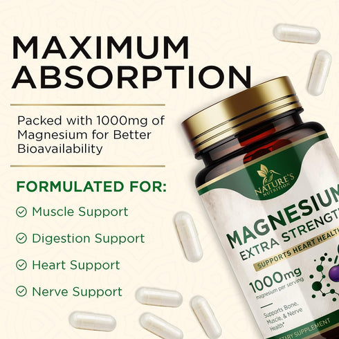 Magnesium Pills Extra Strength, 1000mg, Chelated for Ultra Absorption, 180 Capsules, Non-GMO