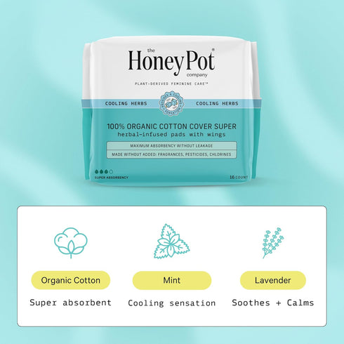 The Honey Pot Company Herbal Pads for Women - Super Pads w/Wings, Organic Cotton Cover, 16 ct