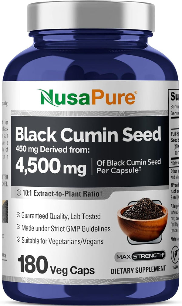 NusaPure Full Spectrum Black Cumin Seed 10:1 Extract - 450 mg Equivalent to 4,500mg, 180 Veggie Powder Caps