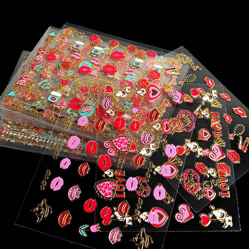 Lips Nail Stickers for Valentine's Day, 3D Gold Nail Decals Foils for Heart Red Lip Self-Adhesive Nail Design