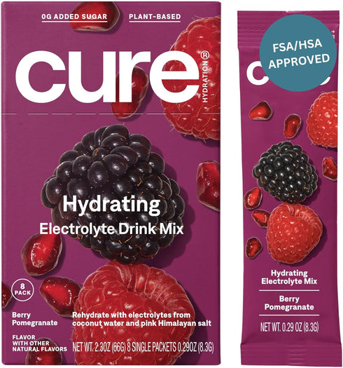 Cure Hydration | Plant-Based Electrolyte Drink Mix | Berry Pomegranate | Box of 8 Packets | No Added Sugar | Vegan
