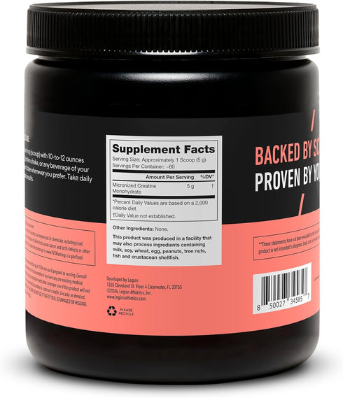 Micronized Creatine Monohydrate Supplement by LEGION - Unflavored Clean Creatine Powder for Muscle Gain (60 Servings)