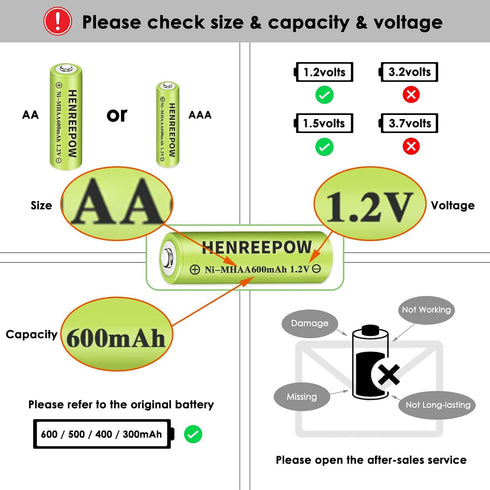 Henreepow Ni-MH AA Rechargeable Batteries, Double A High Capacity 1.2V Pre-Charged for Garden Landscaping Outdoor Solar