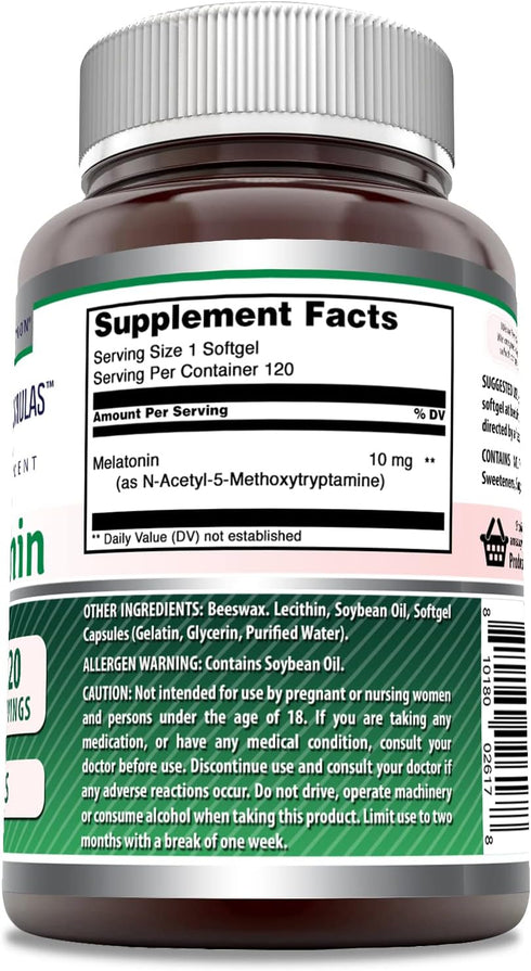 Amazing Nutrition Melatonin Supplement | 10 Mg, 120 Softgels, Non-GMO, Gluten Free