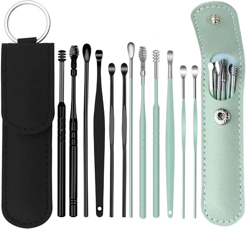 12 Pcs Ear Pick Earwax Removal Kit - Stainless Steel Earwax Removal Tool with Leather Storage Box