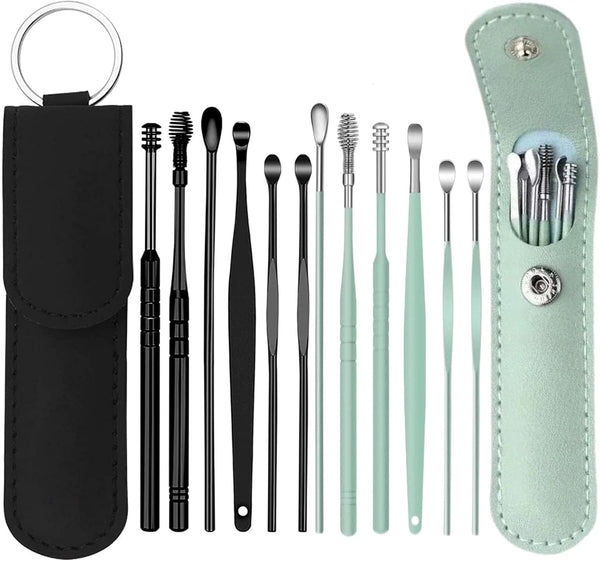 12 Pcs Ear Pick Earwax Removal Kit - Stainless Steel Earwax Removal Tool with Leather Storage Box