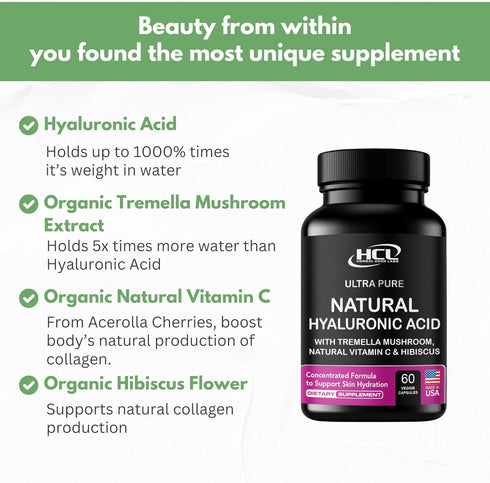 Natural Hyaluronic Acid Supplement, 5X Stronger Hydration Pills from Pure Tremella Mushroom with Vitamin C & Hibiscus