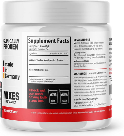 German Creatine - Pure Creapure Micronized Creatine Monohydrate Powder, 270g (54 Servings), 99.99% Purity