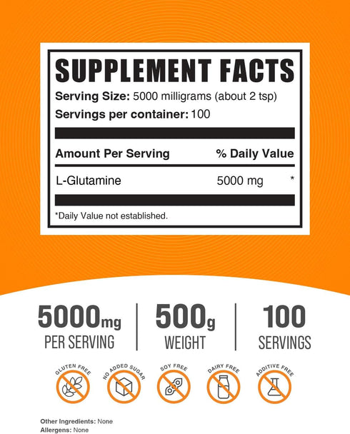 BulkSupplements.com L-Glutamine Powder, 5000mg Glutamine Supplement, Unflavored & Gluten Free, 500g (1.1 lbs) (Pack of
