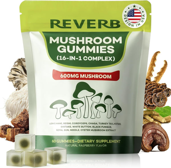 REVERB Mushroom Gummies 16-In-1 Mushroom Blend With Ashwagandha Gummies For Brain Health,Cognitive, Memory