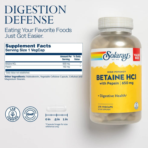 SOLARAY Betaine HCL with Pepsin, High Potency Hydrochloric Acid Formula, Healthy Digestion Supplement, Digestive Enzymes for Gut Health Support, 60-Day Guarantee (275 Servings, 275 Veg Caps)